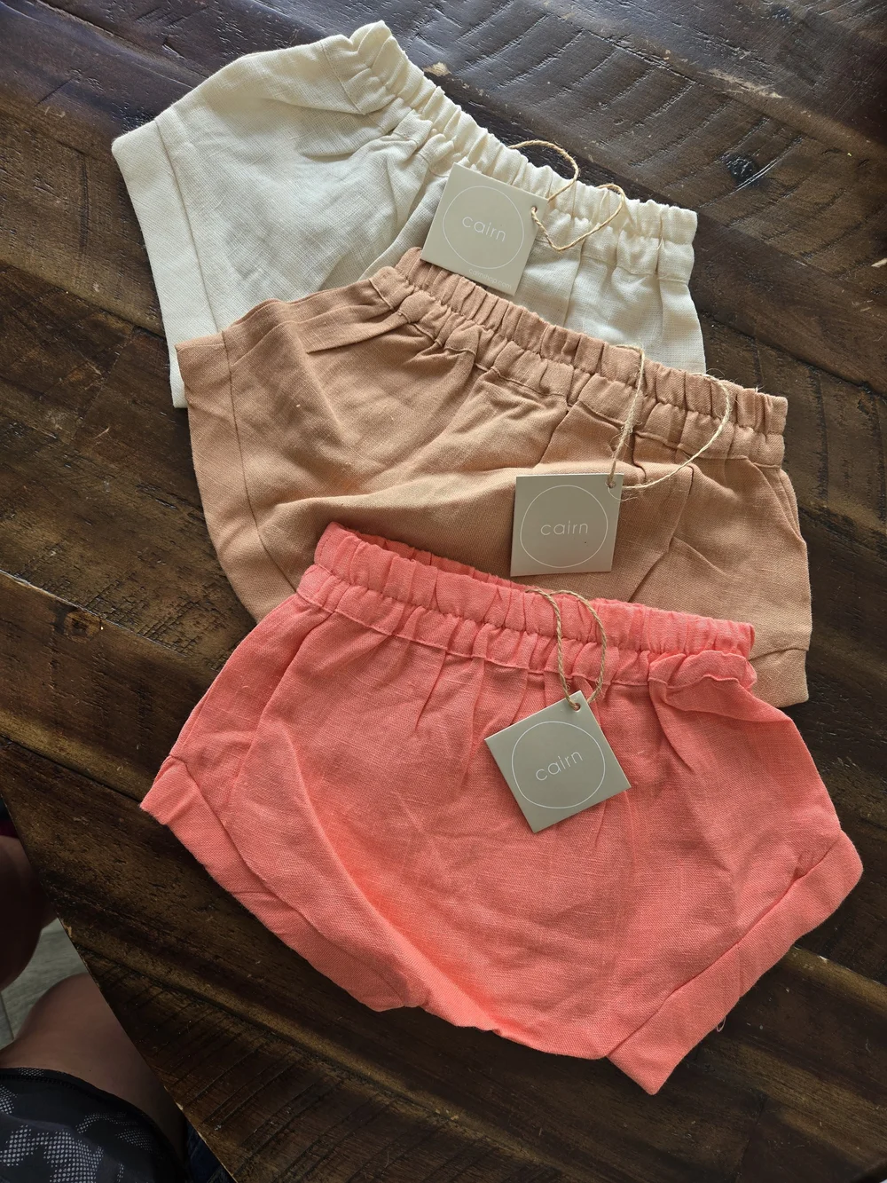 Cairn Kids %100 Linen Elastic Waist Shorts — Coral, Tan & Cream (3-Pack)
